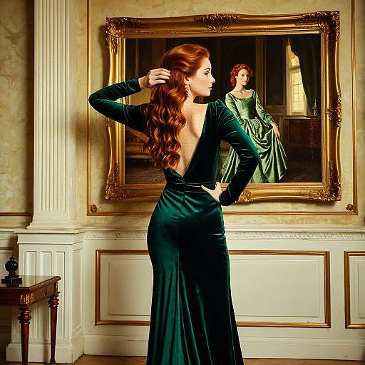 Redhead Woman in Emerald Velvet Gown in Opulent Interior