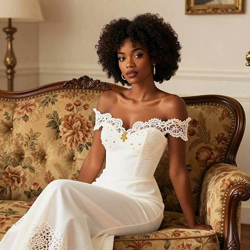 Photograph of a beautiful, dark-skinned Black woman with a natural afro, wearing an off-shoulder white lace wedding dress, sitting on