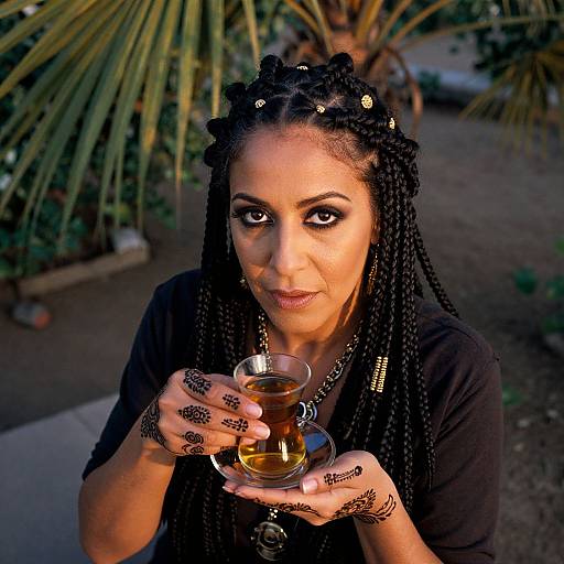 Photograph of a woman with dark braided hair, henna tattoos, and black top, holding a glass of whiskey, outdoors with palm tree.