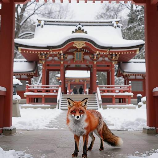 Snowy Forest Shrine with Curious Fox