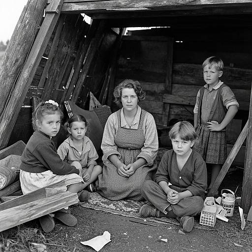 Black-and-white photograph of a family in a wooden shed: mother in apron, four children, two girls, two boys, rustic clothing, bucket