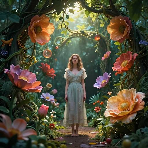 Photograph-style digital art: Enchanted forest with glowing flowers, tall woman in white dress standing center, sunlight filtering through vines.