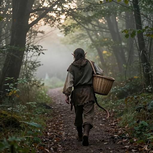 Photograph of a fantasy-style figure with pointed ears, wearing a green tunic and brown pants, carrying a wicker basket, walking down a mist