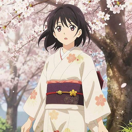 Anime-style illustration of a young girl with black hair, wearing a white floral kimono and red obi, standing under cherry blossoms.
