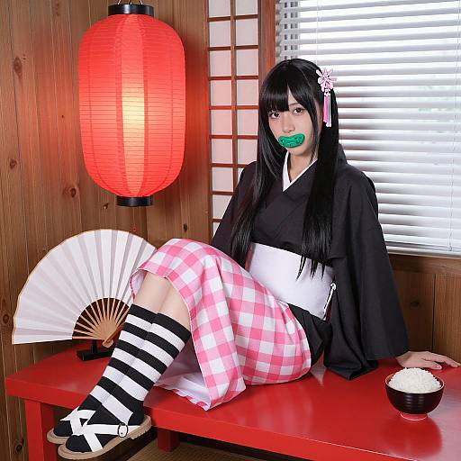 Asian Woman in Kimono Sitting on Red Table