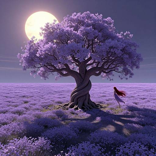 Digital artwork: A purple-lit tree with twisted trunk stands in a vast lavender field under a bright, glowing sun. A red bird flies to the