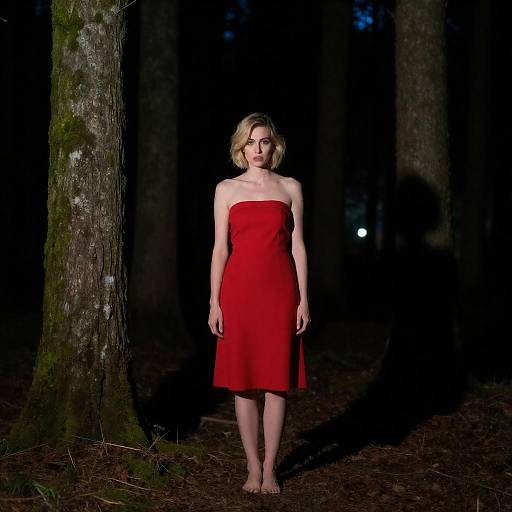 Red Dress Woman in Moonlit Forest
