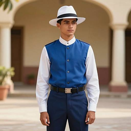 Young Man in Traditional Blue Uniform