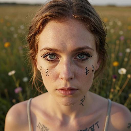 Photograph of a young woman with fair skin, blue eyes, and brown hair, adorned with black rune tattoos on her face, standing in a sun
