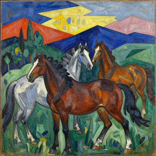 Vibrant oil painting of three horses in a colorful, stylized landscape with mountains, trees, and a bright, yellow sun. Bold, expressive