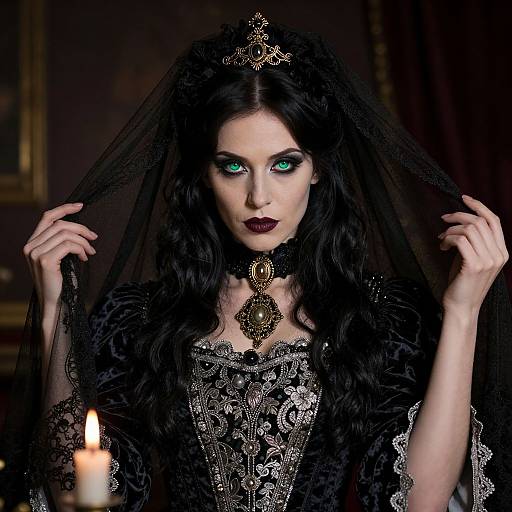 Gothic vampire woman with black lace veil, intricate silver dress, dark lipstick, glowing green eyes, ornate necklace, candlelit background. Photograph
