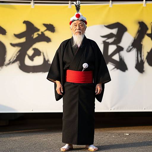 Photograph of an elderly Asian man with a white beard, wearing a black kimono, red obi, white and red hat, standing in front