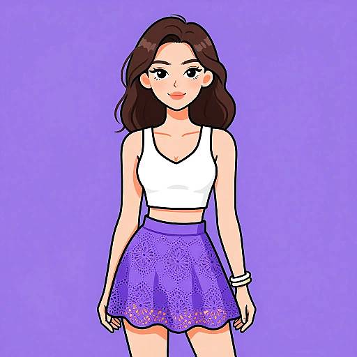 Digital drawing of a young woman with brown hair, wearing a white crop top and purple lace skirt, smiling against a solid purple background.