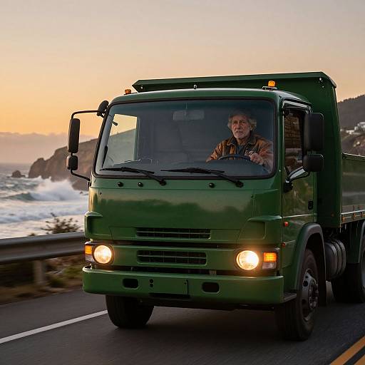 Photograph of a middle-aged man driving a green truck on a coastal road at sunset, with ocean waves and rocky cliffs in the background.