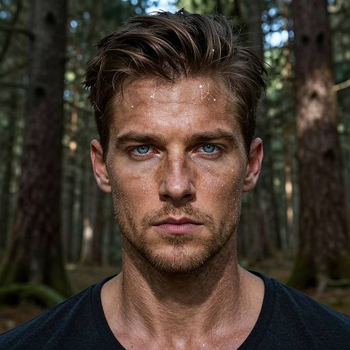 Photograph of a rugged, blue-eyed, bearded man with wet, tousled brown hair and sweat on his face, standing in a forest.
