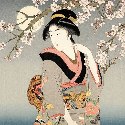Traditional Japanese woodblock print of a serene geisha under cherry blossoms with a full moon, wearing a black and pink kimono.