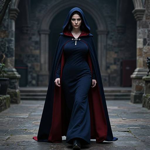 Photograph of a serious, dark-haired woman in a black and red hooded cloak, standing confidently in an ancient, stone-cloistered courtyard