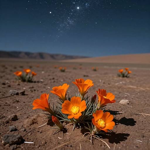 Photograph of vibrant orange poppies blooming in a dark, starry desert night, with a clear Milky Way visible in the sky.