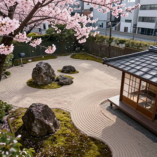 Photograph of a serene Japanese garden with meticulously raked gravel, large moss-covered rocks, pink cherry blossoms, and a traditional wooden building under daylight