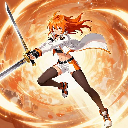 Digital anime artwork of a fiery-haired girl in a white jacket, shorts, and black thigh-highs, wielding a sword against a swirling orange background.