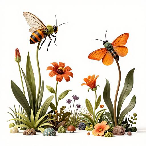 Detailed digital illustration of a honeybee, dragonfly, and vibrant flowers with green leaves and varied textures against a white background.