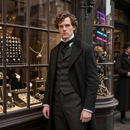 Photograph of a handsome man with curly brown hair in a black Victorian-style suit standing outside a jeweler's shop with illuminated display windows.