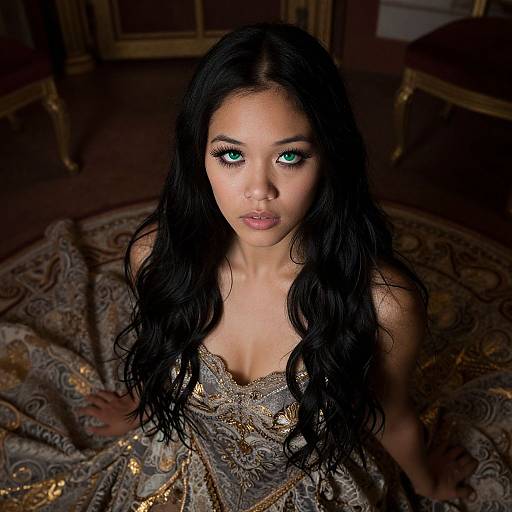 Photograph of an Asian woman with long black hair, green eyes, and fair skin, wearing an ornate, low-cut, patterned gown,