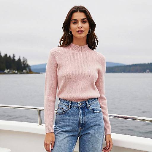 Photograph of a young woman with dark brown hair wearing a pink knit sweater and high-waisted blue jeans, standing on a boat with a lake