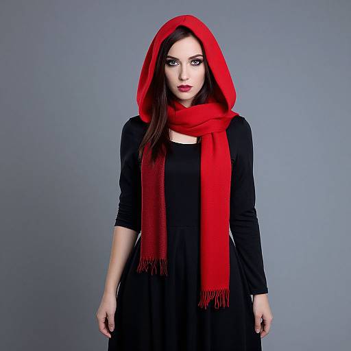 Photograph of a pale-skinned woman with dark hair, wearing a red hooded scarf, black dress, and red lipstick, against a gray background