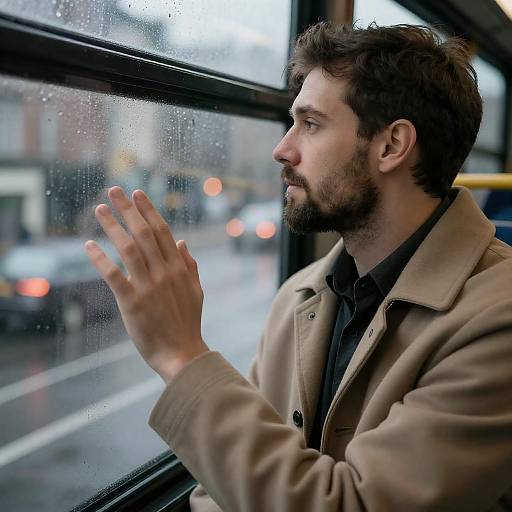 Contemplative Man Gazing Through a Rainy Window