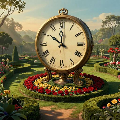 Photorealistic CGI of a large, ornate, vintage clock with black Roman numerals, standing in a lush, sunlit garden filled with vibrant