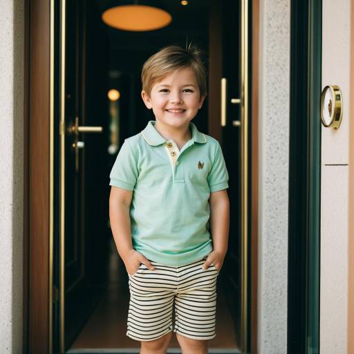 Smiling toddler boy in mint polo and striped shorts