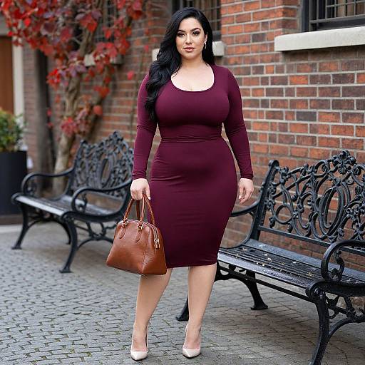 Photograph of a curvy woman with long black hair, wearing a form-fitting maroon dress and white heels, holding a brown handbag,