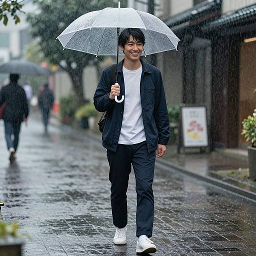 Smiling Asian man in black jacket, white tee, and white shoes walks on rainy street, holding transparent umbrella, urban background. Photograph.