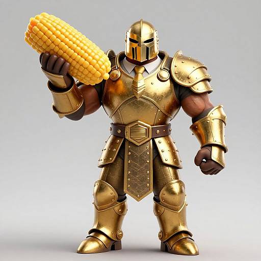 Digital artwork of a muscular, golden-armored knight holding a corn on the cob in his right hand, standing against a light blue gradient background.