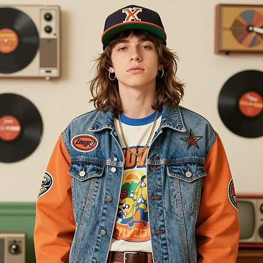 Photograph of a young man with shoulder-length brown hair, wearing a denim vest, New York Yankees cap, and colorful graphic tee, standing in a