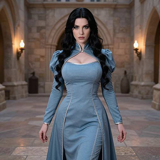 Digital art of a pale-skinned woman with long black hair in a blue, high-collared medieval dress, standing in a stone-walled,