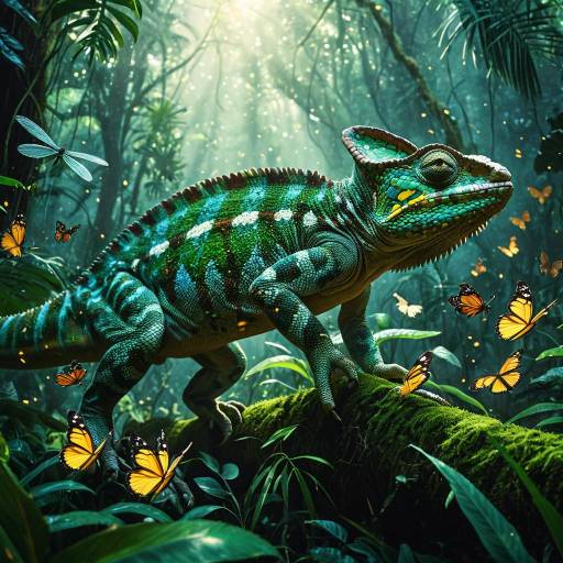 Giant Chameleon in Rainforest with Glowing Butterflies Giant Chameleon in Rainforest with Glowing Butterflies