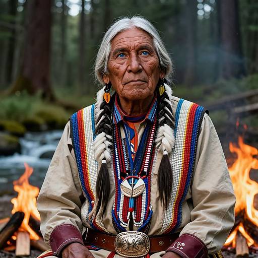 Photograph of an elderly Native American man with white hair, braids, traditional attire, and colorful beadwork, seated by a campfire in a