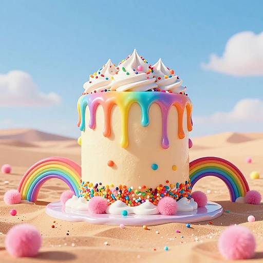 Colorful desert cake with rainbow icing, white swirls, sprinkles, and two rainbows, surrounded by pink cotton candy and multicolored sprink