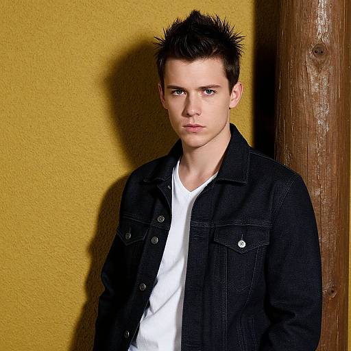 Photograph of a young white man with spiked black hair, wearing a black denim jacket over a white shirt, standing against a yellow textured wall and wooden