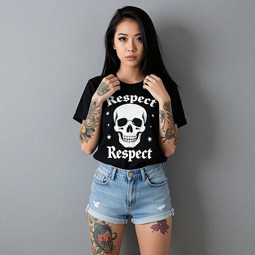 Photograph of a tattooed Asian woman with long black hair, wearing a black skull T-shirt and light blue denim shorts, standing against a plain gray