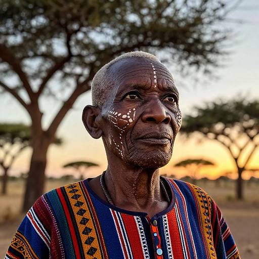 Photograph of an elderly African man with dark skin, bald head, and white face paint, wearing a colorful, patterned shirt, standing outdoors with