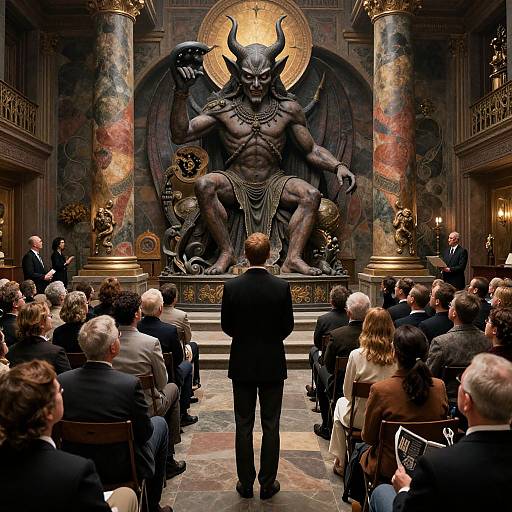 Photograph of a formal lecture in an ornate, gothic-style hall featuring a large, dark bronze statue of a muscular, horned demon with