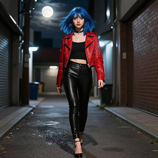 Photograph of a woman with blue hair, red leather jacket, black crop top, and black leather pants, walking down a dimly lit urban alley