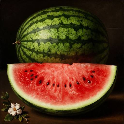 Photograph of a whole green-striped watermelon with a vibrant red, seeded slice in front, against a dark background, with a small white flower and