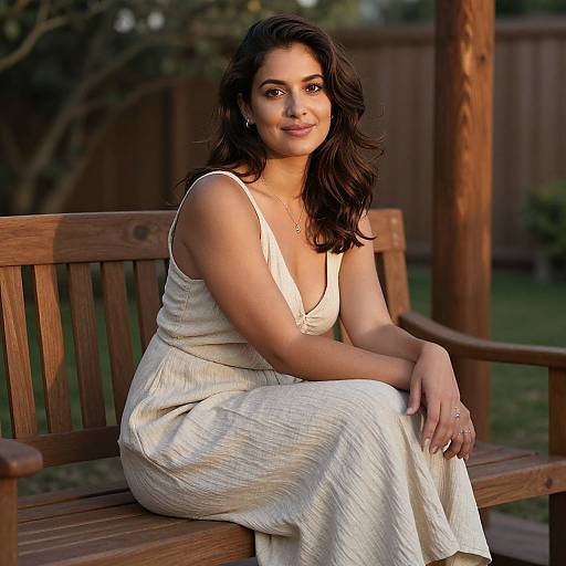 Photograph of a smiling woman with wavy brown hair, wearing a white, deep V-neck, sleeveless dress, seated on a wooden bench in