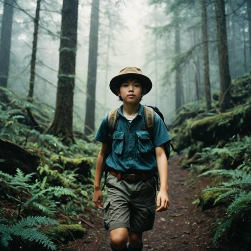 Boy Hiking in Misty Forest