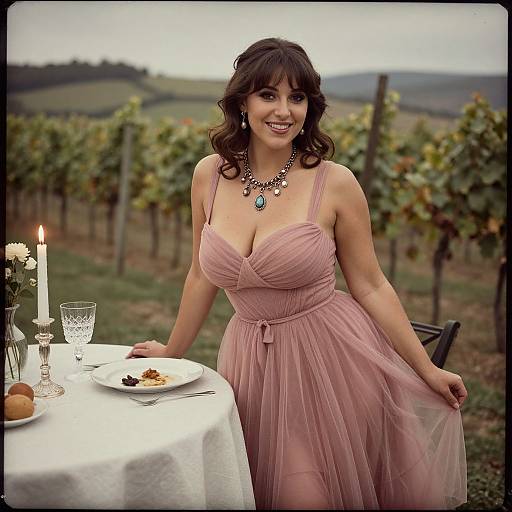 Pear-Shaped Woman in Vintage Vineyard Dinner