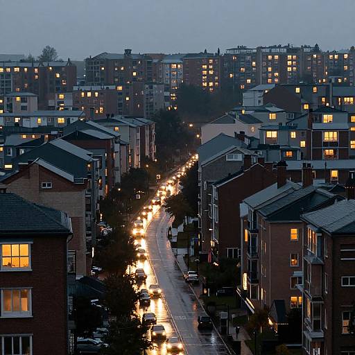 Photograph of a twilight urban street, lined with illuminated apartment buildings, glowing yellow windows, and a brightly lit, curving road with headlamps